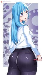 1girl ass blue_eyes blue_hair breasts formal_clothes from_behind highres huge_ass jujutsu_kaisen large_breasts long_hair looking_at_viewer looking_back miwa_kasumi o22no open_mouth pants pantylines shiny_clothes shirt sideboob solo sword weapon
