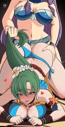2girls ass bare_shoulders bikini blue_bikini blush breasts cleavage dildo fire_emblem fire_emblem:_the_blazing_blade fire_emblem_heroes florina_(fire_emblem) grabbing_another&#039;s_hair green_eyes green_hair highres ihsnet long_hair lying lyn_(fire_emblem) lyn_(lady_of_the_beach)_(fire_emblem) multiple_girls navel nintendo on_stomach open_mouth ponytail sex sex_from_behind sex_toy solo_focus strap-on swimsuit vaginal yuri