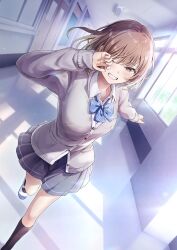1girl black_socks blue_bow blue_bowtie blue_skirt blush bow bowtie breasts brown_eyes brown_hair cardigan clenched_teeth collared_shirt commentary_request foot_out_of_frame grey_cardigan hallway highres indoors kneehighs large_breasts long_sleeves original plaid_bow pleated_skirt running school_uniform shirt shoes short_hair skirt socks solo teeth tokeshi white_shirt white_shoes