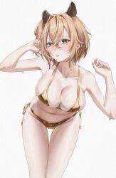 1girl absurdres alternate_costume animal_ears bikini breasts brown_hair cleavage commentary cowboy_shot crossed_bangs english_commentary gold_bikini golden_week green_eyes hair_between_eyes halterneck hands_up highres indie_virtual_youtuber large_breasts leaning_forward looking_at_viewer navel nimi_nightmare one_side_up parted_lips samukzz short_hair side-tie_bikini_bottom simple_background solo string_bikini swimsuit tapir_ears tapir_girl thigh_gap virtual_youtuber wet white_background