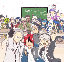 Rule 34 | 6+boys, 6+girls, :d, ^ ^, ahoge, amemiya darumi, aotsuki eito, arm up, black choker, black gloves, black hair, black hairband, black haori, black hat, black jacket, black ribbon, black streaks, blonde hair, blue hair, blue hat, blue jacket, blush, board eraser, book, bottle, bow, bowtie, braid, chalkboard, choker, classroom, closed eyes, collared shirt, commentary, dark-skinned female, dark skin, desk, double bun, dougi, english commentary, english text, everyone, eye print, eyepatch, facing viewer, fingerless gloves, ginzaki shouma, glasses, gloves, green hat, grey hair, grey jacket, grin, hair bow, hair bun, hairband, haori, hat, highres, hood, hoodie, jacket, jacket over hoodie, japanese clothes, kawana tsubasa, kirifuji nozomi, long hair, looking at viewer, magadori kyoshika, maruko gaku, masked, mojiro moko, multicolored hair, multicolored jacket, multiple boys, multiple girls, neck ribbon, nigou (hundred line), omokage yugamu, onettfarts, oosuzuki kurara, open mouth, paper, pencil, pink hair, ponytail, print eyepatch, purple hair, red bow, red bowtie, red eyes, red hair, ribbon, roots (hair), school desk, shion (hundred line), shirt, shizuhara hiruko, short hair, sirei (hundred line), smile, streaked hair, striped clothes, striped shirt, sumino takumi, sunglasses, the hundred line -last defense academy-, tinted eyewear, tsukumo ima, tsukumo kako, twintails, two-tone jacket, white hoodie, white jacket, white shirt, yakushiji takemaru