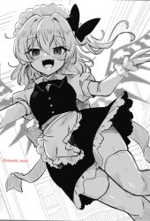 1girl :3 alternate_costume apron black_dress crystal crystal_wings dress fangs flandre_scarlet frilled_apron frills highres looking_at_viewer maid maid_apron maid_headdress monochrome noai_nioshi skindentation solo thighhighs touhou vampire waist_apron white_apron wings wrist_cuffs zettai_ryouiki