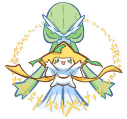 Rule 34 | bad id, bad twitter id, bob cut, closed eyes, colored skin, dress, gardevoir, gen 3 pokemon, green eyes, green hair, green skin, highres, jirachi, legendary pokemon, maemuki, multicolored skin, mythical pokemon, nintendo, pokemon, pokemon (creature), simple background, tanzaku, two-tone skin, white background, white dress, white skin