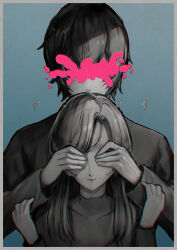 Rule 34 | 1boy, 1girl, aqua background, border, censored, chromatic aberration, commentary request, covered eyes, covering another&#039;s eyes, greyscale, highres, long hair, monochrome, scribble censor, short hair, song name, spot color, sue (frederica--bernkastel), turtleneck, upper body, white border, yoasobi, yoru ni kakeru