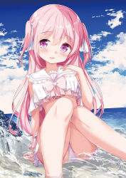 1girl :d arm_support bikini blue_sky blush bow chinomaron cloud cloudy_sky commentary_request day feet_out_of_frame frilled_sailor_collar frills hair_between_eyes hair_bow hand_up head_tilt highres horizon knees_together_feet_apart knees_up long_hair looking_at_viewer ocean open_mouth original outdoors pink_bow pink_hair purple_eyes sailor_collar sky smile solo swimsuit two_side_up very_long_hair water white_bikini white_bow white_sailor_collar