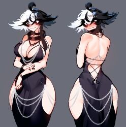 1girl antenna_hair ass backless_dress backless_outfit bare_shoulders black_choker black_dress black_eyeshadow black_hair black_nails blush breasts brown_hair choker cleavage closed_mouth collar dress embarrassed eyebrows eyelashes eyeliner eyeshadow feet_out_of_frame female_focus fingernails from_behind grey_background hand_on_own_arm highres hip_vent jewelry kyoko_(sachiko_shirayuki) large_breasts long_fingernails looking_afar looking_at_viewer looking_back looking_down looking_to_the_side makeup meme_attire modakawa_dress mole multicolored_hair multiple_views nail_polish necklace nose_blush original sachiko_shirayuki short_hair simple_background standing two-tone_hair wavy_mouth white_hair