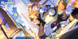 1girl 1other absurdres animal_ears balloon bell blue_sky box brown_hair building car carrot child city colored_skin creature cyclops day fang fishing_rod formal_clothes frog gift gift_box gloves green_skin hat highres kessennheiannkyou looking_to_the_side motor_vehicle one-eyed open_mouth original rabbit_ears red_eyes scenery sky smile star-shaped_pupils star_(symbol) suit sunlight symbol-shaped_pupils taxi traditional_youkai truck