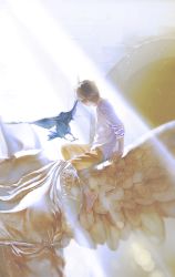 1boy angel_statue angel_wings animal architecture arm_support arms_at_sides backlighting barefoot bird black_hair blurry brick_wall brown_pants crow damaged depth_of_field facing_away fingernails from_behind from_side headless highres lens_flare light light_particles light_rays male_focus nape original pants rido_(ridograph) shirt sitting statue sunlight toes wall white_shirt wide_shot wings