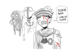 1girl 2boys blood blood_on_clothes blood_on_face crying dixie_cup_hat english_text hat head_bump higashikata_josuke_(jojolion) jojo_no_kimyou_na_bouken jojolion military_hat multiple_boys norue paisley_park_(stand) quad_tails sailor soft_&amp;_wet speech_bubble spot_color t_t torn_clothes torn_sleeves wavy_eyes