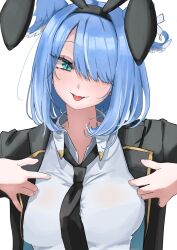 Rule 34 | 1girl, :p, animal ears, aqua eyes, black necktie, blue hair, breasts, commentary request, cross-shaped pupils, eisei neko, elira pendora, fake animal ears, fang, hair over one eye, head wings, highres, jacket, large breasts, looking at viewer, loose necktie, medium hair, necktie, nijisanji, nijisanji en, open clothes, open jacket, rabbit ears, shirt, simple background, skin fang, solo, sparkling eyes, symbol-shaped pupils, taut clothes, taut shirt, tongue, tongue out, virtual youtuber, white background, wings