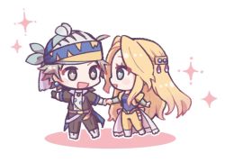1boy 1girl bandana black_jacket black_pants blonde_hair blue_shirt celes_chere chibi couple final_fantasy final_fantasy_vi jacket locke_cole long_hair pan_ff6 pants shirt waist_cape yellow_jacket yellow_pants