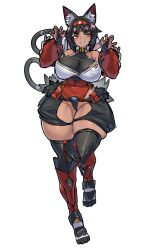 Rule 34 | 1girl, absurdres, alternate breast size, animal ear fluff, animal ears, barcode, barcode tattoo, bare shoulders, bell, black gloves, black hair, black tail, black thighhighs, boots, breasts, bridal gauntlets, cable, cable tail, cat ears, cat girl, cat tail, corset, covered navel, dark-skinned female, dark skin, detached sleeves, facial mark, forehead mark, forehead tattoo, full body, gloves, grin, hair ribbon, hairband, highres, knee boots, large breasts, long hair, long sleeves, looking at viewer, mechanical tail, mold (pixiv6616319), multiple tails, neck bell, nekomiya mana, red boots, red corset, red eyes, red hairband, red ribbon, red sleeves, ribbon, shorts, simple background, skindentation, smile, solo, standing, standing on one leg, tail, tattoo, thick thighs, thighhighs, thighs, two tails, white background, zenless zone zero
