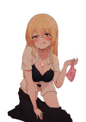 Rule 34 | 1girl, absurdres, arm support, black bra, black panties, black skirt, blonde hair, blush, bra, breasts, cleavage, closed mouth, clothes pull, collarbone, collared shirt, commentary request, cum, cum on clothes, cum on hair, double-parted bangs, full body, hair between eyes, hair over shoulder, half-closed eyes, highres, holding, holding unworn clothes, kneeling, large breasts, leaning forward, licking lips, long bangs, long hair, long sidelocks, looking at viewer, marukana seimen, navel peek, open clothes, open shirt, orange eyes, original, panties, pink panties, red nails, seductive smile, shirt, short sleeves, sidelocks, skirt, skirt pull, smile, solo, split mouth, straight hair, tongue, tongue out, unbuttoned, underwear, unworn panties, very long hair, white shirt