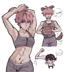 Rule 34 | ..., 2girls, alien stage, animal ears, ball, basketball (object), bingwocky, black hair, bra, closed eyes, commentary, dog ears, dog girl, dog tail, english commentary, flexing, grey bra, grey shorts, grey sports bra, grey tank top, highres, holding, holding ball, kemonomimi mode, midriff, mizi (alien stage), multiple girls, navel, parted lips, pink hair, ponytail, short hair, short ponytail, shorts, smile, spoken ellipsis, sports bra, stretching, sua (alien stage), tail, tail wagging, tank top, toned, toned female, underwear, very short hair