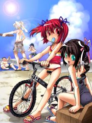 &gt;_&lt; 2girls 3boys :d alternate_hair_color azer back beach bicycle bikini black_hair blindfold blush closed_eyes cloud copyright_name day drill_hair fat fat_man feet flat_chest food from_behind full_body green_eyes hair_ribbon halterneck hana hana_(pangya) holding kooh legs lens_flare looking_at_another looking_back lowleg lowleg_bikini max max_(pangya) midriff mosho mouth_hold multiple_boys multiple_girls navel nuri ocean one-piece_swimsuit open_mouth outdoors outstretched_arm pangya ponytail popsicle red_eyes red_hair ribbon riding sandals short_twintails shorts sitting sky smile spiked_hair standing straddling striped_bikini striped_clothes sun sweat swimsuit tankini twintails visor visor_cap water white_hair