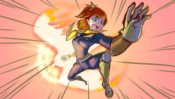 1girl armor blue_eyes bow breasts captain_falcon captain_falcon_(cosplay) cosplay f-zero falcon_punch female_focus foreshortening full_body gloves greaves hair_bow kosaka_honoka love_live! love_live!_school_idol_project nintendo punching red_hair scarf solo super_smash_bros. tears triple-q
