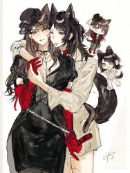 Rule 34 | 2girls, animal ears, bang dream!, bang dream! it&#039;s mygo!!!!!, black choker, black hair, black hat, black jacket, black pantyhose, black skirt, blue eyes, blush, cat ears, cat girl, cat tail, choker, commentary, earrings, elbow gloves, fang, feiyu30903448, gloves, hat, hickey, highres, holding, holding leash, jacket, jewelry, leash, long hair, long sleeves, looking at viewer, medium hair, multiple girls, one eye closed, pantyhose, purple eyes, red choker, red gloves, shiina taki, simple background, skirt, sweatdrop, symbol-only commentary, tail, white background, white jacket, wolf ears, wolf girl, wolf tail, yahata umiri, yuri