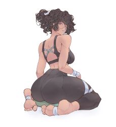1girl absurdres ass bandaged_arm bandages bare_shoulders barefoot black_hair black_pants black_sports_bra breasts commentary elliemaplefox english_commentary from_side full_body glasses hair_ornament hair_scrunchie highres large_breasts looking_at_viewer looking_back on_pillow original pants parted_lips purple_eyes scrunchie short_hair simple_background sitting solo sports_bra thick_thighs thighs toes toned toned_female white_background white_scrunchie