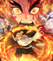1girl 2girls angry artist_name black_pants black_shirt blonde_hair blood blood_on_face boots brothers cape fire flaming_sword flaming_weapon flashback half_updo holding holding_sword holding_weapon katana kimetsu_no_yaiba long_hair looking_at_viewer meziosaur mother_and_son multicolored_hair multiple_girls open_mouth orange_pupils pants red_boots red_hair red_streaks rengoku_kyoujurou rengoku_ruka rengoku_senjurou shirt siblings smile standing streaked_hair sword thick_eyebrows weapon white_cape yellow_eyes
