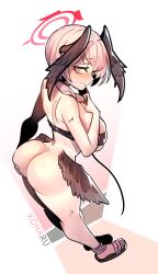 Rule 34 | 1girl, absurdres, alternate breast size, ass, blue archive, breasts, butt crack, character name, completely nude, gintm, halo, head wings, highres, koharu (blue archive), large breasts, looking at viewer, looking back, low wings, nude, pink eyes, pink hair, sandals, solo, thick thighs, thighs, white background, wings