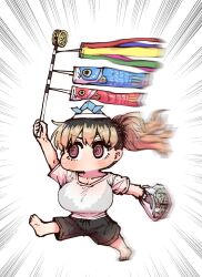 1girl @_@ bag black_hair black_shorts blonde_hair blush breasts chibi commentary food grocery_bag hat highres holding kashiwa_mochi_(food) kinjo_no_hito_no_nakimushi kodomo_no_hi koinobori large_breasts long_hair may mochi multicolored_hair no_mouth ochiai_(kinjo_no_hito_no_nakimushi) paper_hat paper_kabuto ponytail roots_(hair) shirt shopping_bag shorts solo two-tone_hair white_background white_shirt windsock zyugoya
