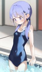 1girl bare_arms blue_eyes blue_hair blue_one-piece_swimsuit blurry blurry_background blush breasts cameltoe closed_mouth collarbone covered_erect_nipples covered_navel flower hair_flower hair_intakes hair_ornament hairpin hayakawa_sena_(pei_iriya) highres light_blush long_hair looking_down low_twintails medium_hair new_school_swimsuit one-piece_swimsuit original partially_submerged pei_iriya pool purple_hair school_swimsuit sidelocks small_breasts smile solo sunlight swimsuit thighs twintails wading water