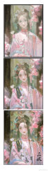 1girl absurdres bead_necklace beads black_shawl blue_butterfly branch brown_hair bug butterfly butterfly_on_hand cherry_blossoms chinese_clothes colored_inner_hair doorway double_bun earrings eyeliner flower green_hair hair_beads hair_bun hair_ornament hanfu happy highres holding holding_branch insect jewelry light_blush light_particles lipstick long_hair long_sleeves makeup making-of mandarin_collar mole mole_under_eye multicolored_hair nail_polish necklace orange_butterfly original parted_lips pink_flower pink_hanfu red_eyeliner red_eyes red_lips red_nails sanfu_qwq shade shawl sidelocks signature smile solo straight_hair upper_body watermark weibo_watermark wide_sleeves