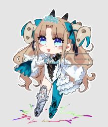 Rule 34 | 1girl, aqua boots, aqua pantyhose, artist name, asymmetrical footwear, blonde hair, blue eyes, blue pantyhose, blush, boots, breasts, chibi, chibi only, clerical collar, cone horns, curled horns, curtained hair, ereshkigal (fate), fate/grand order, fate (series), frills, gloves, hair ribbon, headpiece, highres, horns, index finger raised, leotard, long hair, long sleeves, looking at viewer, metal bracelet, mismatched footwear, mmms 1234oo, multicolored horns, pantyhose, parted bangs, ribbon, single leg pantyhose, smile, solo, space ereshkigal (fate), space ereshkigal (third ascension) (fate), thighhighs, triangle mouth, two-tone one-piece swimsuit, watermark, white gloves, white leotard