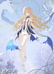 1girl absurdres artist_logo artist_name bare_legs bare_shoulders black_collar black_dress blonde_hair blue_eyes breasts cartethyia_(wuthering_waves) closed_mouth collar commentary crown_of_thorns dress earrings fleurdelys_(wuthering_waves) full_body highres imperator_(wuthering_waves) jewelry legs logo long_hair looking_at_viewer medium_breasts necklace pointy_ears puddlemud ripples sandals sidelocks smile solo tabard tacet_mark_(wuthering_waves) toes white_tabard wuthering_waves