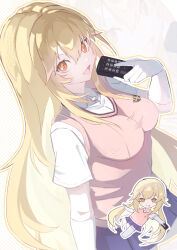 1girl :d absurdres blonde_hair breasts brown_sweater_vest chibi chibi_inset collared_shirt commentary_request controller elbow_gloves gloves grey_skirt hair_between_eyes highres holding holding_remote_control large_breasts long_hair looking_at_viewer miniskirt open_mouth pleated_skirt remote_control school_emblem school_uniform shirt shokuhou_misaki short_sleeves skirt smile sparkling_eyes summer_uniform sweater_vest thighhighs toaru_kagaku_no_mental_out toaru_kagaku_no_railgun toaru_majutsu_no_index tokiwadai_school_uniform user_pjhe7325 v-neck very_long_hair white_background white_gloves white_shirt white_thighhighs yellow_eyes