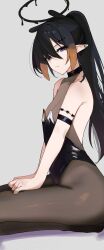 Rule 34 | 1girl, :/, absurdres, arm strap, black hair, black leotard, bodystocking, breasts, cleavage, closed mouth, commentary, ear piercing, english commentary, from side, gradient hair, grey background, halo, highleg, highleg leotard, highres, hololive, hololive english, ku roiko, leotard, long hair, looking at viewer, mole, mole under eye, multicolored hair, ninomae ina&#039;nis, nipples, no shoes, orange hair, piercing, playboy bunny, pointy ears, ponytail, purple eyes, seiza, sidelocks, simple background, sitting, small breasts, solo, straight hair, strapless, strapless leotard, tentacle hair, very long hair, virtual youtuber