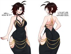 1girl absurdres ahoge ass back_cutout black_dress black_hair blush breasts choker cleavage clothing_cutout collarbone dress english_text gradient_hair highres hip_vent in_the_dress_(meme) kinathefox large_breasts meme_attire modakawa_dress multicolored_hair open_mouth red_hair ruby_rose rwby short_hair smile solo thick_thighs thighs white_background wide_hips
