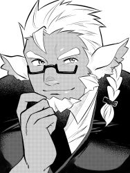 Rule 34 | 1boy, animal ears, bara, braid, facial hair, glasses, goatee, greyscale, highres, huckle (live a hero), large pectorals, live a hero, long hair, looking at viewer, male focus, mature male, monochrome, muscular, muscular male, pectorals, satou shouhei, seductive smile, side braid, smile, solo, stroking beard, thick eyebrows