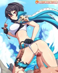 1boy 1girl ass bikini bikini_bottom_aside black_gloves black_hair breasts celliera celliera_(summer) censored clothing_aside dragalia_lost glasses gloves highres imminent_penetration imminent_vaginal large_breasts looking_at_viewer mosaic_censoring penis red_eyes reit short_hair smile swimsuit