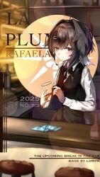 1girl ahoge arknights artist_name bartender black_hair black_vest blush bolivar_logo_(arknights) bright_pupils buttons chinese_commentary closed_mouth commentary_request counter cover cup dated drinking_glass fake_magazine_cover hair_intakes hair_ornament hairclip handkerchief highres holding holding_handkerchief l5mon_meng la_pluma_(arknights) lens_flare long_sleeves looking_at_viewer magazine_cover purple_eyes shirt short_hair solo vest waistcoat white_pupils white_shirt