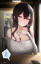 Rule 34 | 1girl, 2others, absurdres, arm under breasts, bare shoulders, between breasts, black hair, bra strap, bra visible through clothes, braid, breasts, cellphone, collarbone, commission, gamcha, grin, hair between eyes, hand up, highres, illien (illien), large breasts, long hair, long sleeves, looking at viewer, multiple others, nail polish, object on breast, off-shoulder sweater, off shoulder, original, phone, pink eyes, pink nails, ribbed sweater, sidelocks, smartphone, smile, solo focus, spoken sweatdrop, sweatdrop, sweater, upper body, white sweater