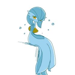 1girl alternate_color blue_hair blue_skin bob_cut colored_skin female_focus flat_chest from_side full_body gardevoir gen_3_pokemon half-closed_eyes hands_on_lap looking_at_viewer monya multicolored_skin nintendo no_feet orange_eyes pokemon pokemon_(creature) sad shiny_pokemon short_hair simple_background sitting solo tears two-tone_skin white_background white_skin