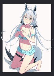 1girl ahoge animal_ear_fluff animal_ears aqua_nails bikini black_bow blush bow breasts cleavage collarbone fox_ears fox_girl fox_tail green_eyes hair_between_eyes highres hololive large_breasts long_hair looking_at_viewer navel nemurimangetsu official_alternate_costume official_alternate_hairstyle open_mouth pentagram shirakami_fubuki shirakami_fubuki_(hololive_summer_2019) solo stomach swimsuit tail thigh_strap twintails virtual_youtuber