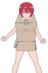 1girl absurdres amate_yuzuriha box cardboard_box cardboard_box_gundam clenched_hands collarbone commentary cowboy_shot english_text green_eyes gundam gundam_gquuuuuux highres jitome light_frown looking_at_viewer photo-referenced red_hair s10021 short_hair simple_background solo standing straight-on thighs v-shaped_eyebrows white_background