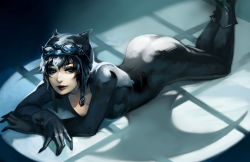 1girl animal_ears animification ass bat_symbol batman_(series) black_hair bodysuit cat_ears cat_girl catwoman dc_comics eyeshadow female_focus gloves goggles goggles_on_head ippus lips lipstick looking_at_viewer lying makeup on_stomach selina_kyle solo zipper