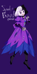 1girl absurdres animification black_hair character_request disneyland dress full_body halloween halloween_costume highres looking_at_viewer mmo_necco multicolored_hair purple_dress purple_hair short_hair smile solo two-tone_hair white_hair