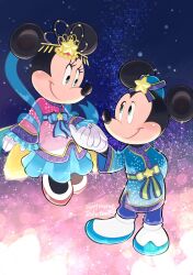 Rule 34 | 1boy, 1girl, alternate costume, animal ears, blue eyes, disney, dress, full body, gloves, highres, mickey mouse, mickey mouse &amp; friends, minnie mouse, mouse boy, mouse ears, mouse girl, shirt, smile, star (symbol), takatmaorange