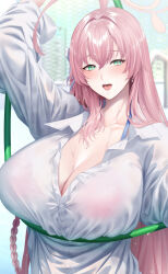 1girl ahoge arm_up bikini bikini_under_clothes blue_archive blush braid breasts cleavage collarbone collared_shirt commentary_request green_eyes halo hanako_(blue_archive) hanako_(swimsuit)_(blue_archive) holding holding_hose hose huge_breasts long_hair long_sleeves looking_at_viewer official_alternate_costume oversized_clothes oversized_shirt pink_hair pink_halo see-through_clothes see-through_shirt shirt smile solo swimsuit wet wet_clothes wet_shirt white_shirt zucchini