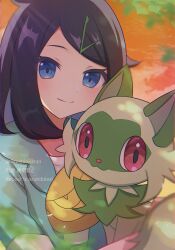 Rule 34 | 0roshioji3ran, 1girl, black hair, blue eyes, blurry, closed mouth, commentary, day, green jacket, hair ornament, hairclip, highres, jacket, liko (pokemon), long hair, looking at viewer, nintendo, outdoors, pokemon, pokemon (anime), pokemon (creature), pokemon horizons, shirt, smile, sprigatito, symbol-only commentary, twitter username, watermark, white shirt, yellow bag