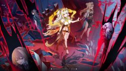 Rule 34 | 1boy, 3girls, baiji (honkai impact), bare shoulders, black gloves, black jacket, blonde hair, blue eyes, breasts, brown hair, brown hat, chinese clothes, copyright name, dress, dual persona, eyewear on head, finger to mouth, gloves, hair between eyes, hair intakes, hair ornament, hat, highres, honkai (series), honkai impact 3rd, jacket, lantern (honkai impact), large breasts, long hair, looking at viewer, multicolored hair, multiple girls, nail polish, necktie, official alternate color, official alternate costume, official art, official wallpaper, orange hair, purple eyes, red jacket, red nails, red ribbon, reflection, ribbon, shirt, smile, songque, songque (jovial deception: shadowdimmer), streaked hair, sunglasses, tassel, tassel hair ornament, thelema nutriscu, thelema nutriscu (mad pleasure: shadowbringer), two side up, very long hair, white hair, white shirt, yellow dress