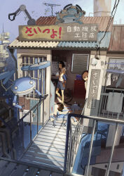 2girls absurdres antennae black_sports_bra brown_hair day drone drying drying_clothes grey_shorts highres multiple_girls original outdoors pakanowaguma railing robot scenery science_fiction shop short_hair shorts sky sports_bra tool_belt toolbox tools