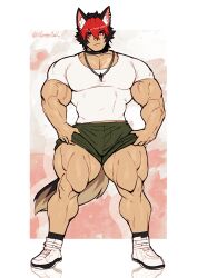 Rule 34 | 1boy, animal ears, artist name, bara, black hair, clothes pull, dog ears, dog tail, ear piercing, highres, jewelry, komano manato, large pectorals, looking at viewer, male focus, manly, mature male, muscular, muscular male, necklace, nifast (greentail), pectorals, piercing, red eyes, red hair, scar, shirt, shoes, short hair, shorts, shorts pull, signature, simple background, socks, solo, spiked hair, t-shirt, tail, thick arms, thick eyebrows, thick thighs, thighs, veins, zenless zone zero