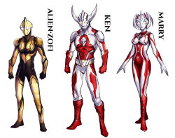 1girl 2boys alien black_bodysuit bodysuit breasts clenched_hands color_timer colored_skin full_body garoshirou giant glowing glowing_eyes highres horns kaette_kita_ultraman long_horns looking_at_viewer manly mature_male medium_breasts multiple_boys muscular open_hands red_bodysuit shin_ultraman silver_bodysuit standing tokusatsu twintails father_of_ultra mother_of_ultra ultra_series ultraman_ace_(series) ultraman_mebius_(series) ultraman_tarou_(series) white_background yellow_eyes zoffy_(shin) zoffy_(ultra_series)