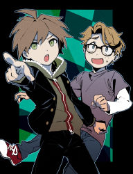 2boys :o ahoge blue_eyes brown_hair danganronpa:_trigger_happy_havoc danganronpa_(series) freckles glasses green_eyes highres hood hood_down hoodie identity_v ieiieiiei long_sleeves lucky_guy male_focus multiple_boys naegi_makoto open_mouth pointing red_footwear shirt shoes short_hair simple_background sneakers sweat teeth trait_connection upper_teeth_only wide-eyed