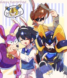 3boys animal_ears annoyed armor bass_(mega_man) black_armor black_hair black_helmet blue_sweater brothers brown_hair chest_jewel clenched_teeth easter facial_mark fake_animal_ears fins forehead_jewel fuse_man group_picture head_fins helmet highres mega_man_(character) mega_man_(classic) mega_man_(series) multiple_boys non-humanoid_robot pants proto_man rabbit_ears robot robot_animal shirt short_hair shoulder_armor siblings speech_bubble spoken_character srnhuyuno sunglasses sweater teeth white_pants white_shirt